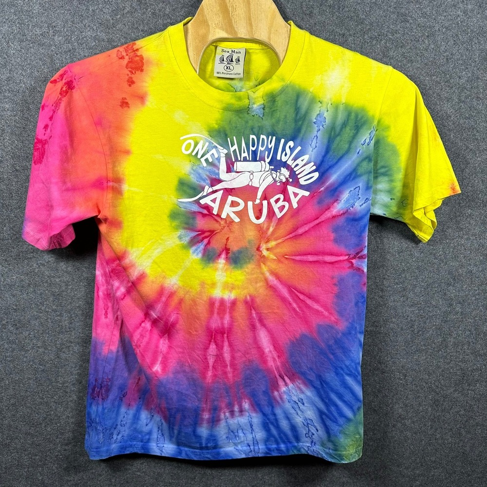 Sea Man Aruba One Happy Island Scuba Diver Tie Dye Graphic T-Shirt Mens XL